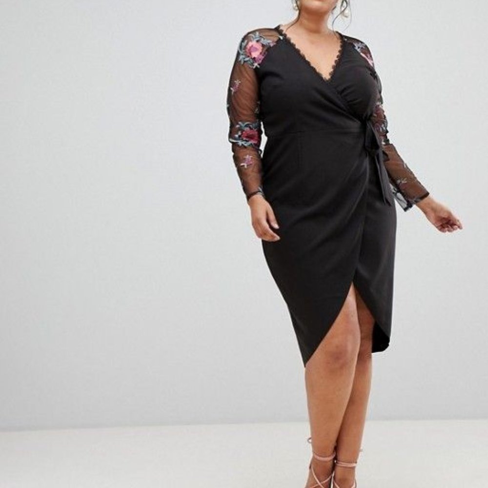 Little Mistress ASOS Black Embroidered Sheer Long Sleeves Wrap Plus size Dress